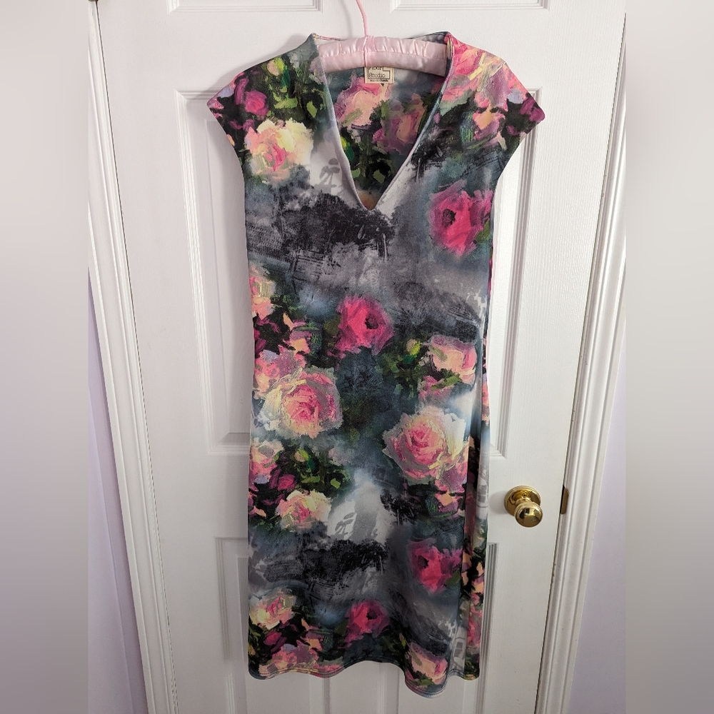 Designer dress, painting-inspired pattern